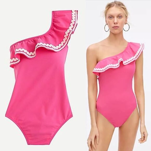 NEW J. Crew Barbie Pink Ruffled One Shoulder One Piece Swimsuit Size 14 $149 NWT - Picture 3 of 16